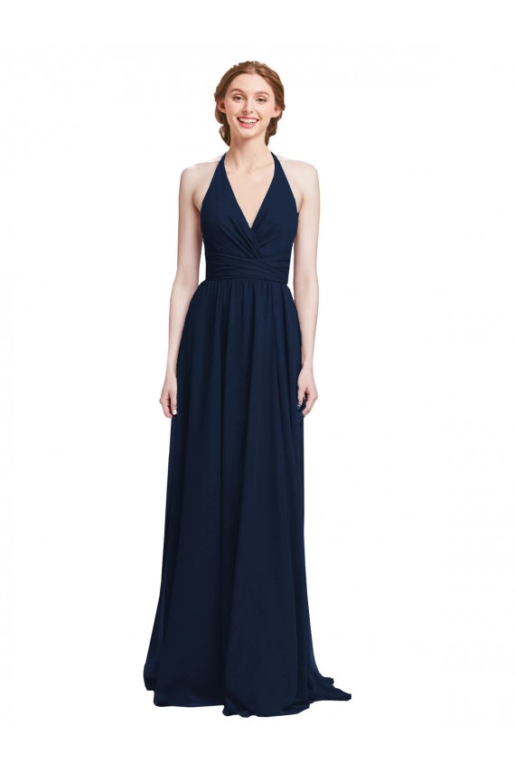 Azul marina oscuro línea A Halter Cuello en V Gasa Largo Vestidos de dama de honor Asequibles