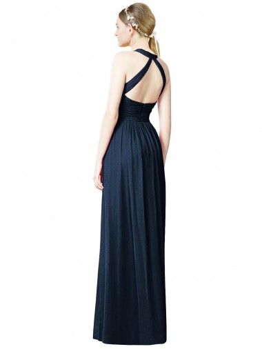 Azul marina oscuro línea A Halter Cuello en V Gasa Largo Vestidos de dama de honor