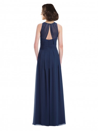 Azul marina oscuro línea A Halter Gasa Largo Vestidos de dama de honor