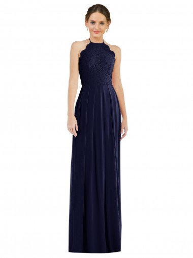 Azul marina oscuro línea A Halter Gasa Largo Vestidos de dama de honor Asequibles