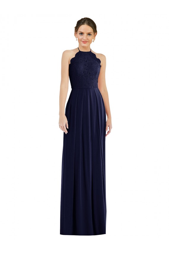 Azul marina oscuro línea A Halter Gasa Largo Vestidos de dama de honor Asequibles