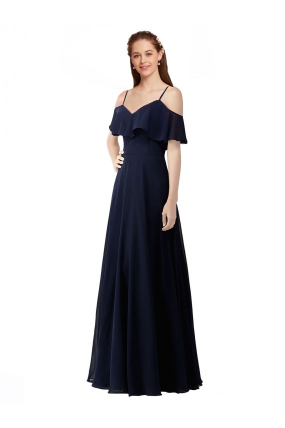 Azul marina oscuro línea A Hombros Descubiertos Cuello en V Gasa Largo Vestidos de dama de honor Asequibles