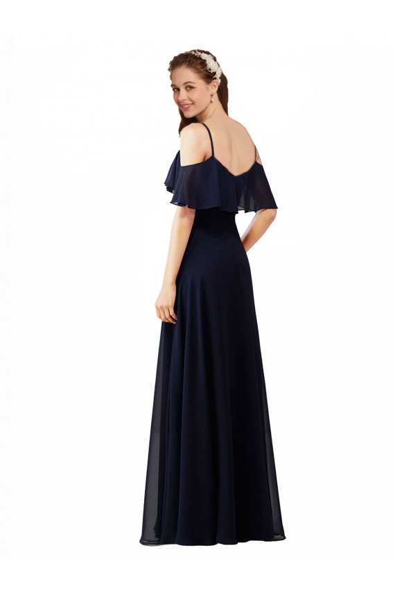 Azul marina oscuro línea A Hombros Descubiertos Cuello en V Gasa Largo Vestidos de dama de honor Asequibles
