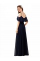 Azul marina oscuro línea A Hombros Descubiertos Cuello en V Gasa Largo Vestidos de dama de honor Asequibles