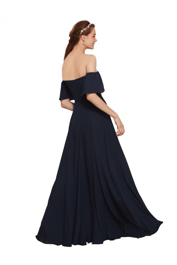 Azul marina oscuro línea A Hombros Descubiertos Gasa Largo Vestidos de dama de honor / Vestidos de fiesta Asequibles