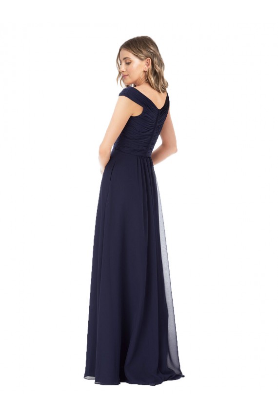 Azul marina oscuro línea A Hombros Descubiertos Gasa Largo Vestidos de dama de honor Asequibles