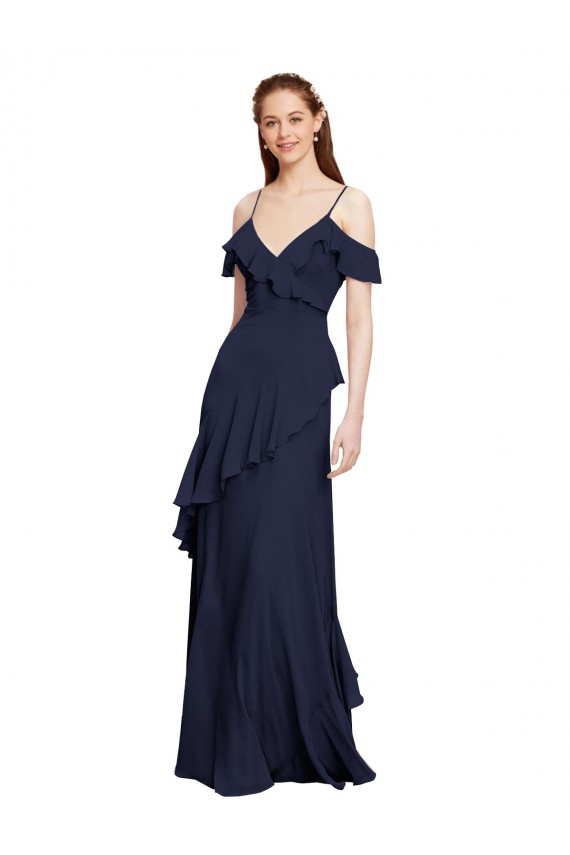 Azul marina oscuro línea A Hombros Descubiertos Tirantes espagueti Gasa Largo Vestidos de dama de honor Asequibles