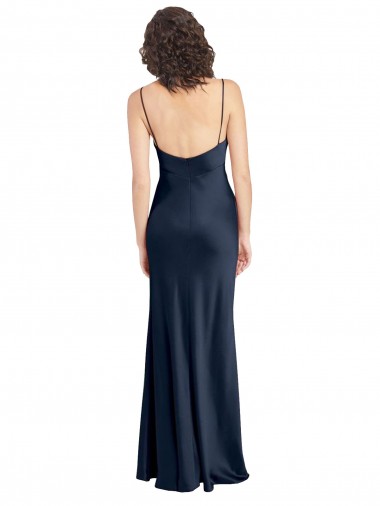 Azul marina oscuro línea A Satén elástico Largo Formales Vestidos de dama de honor / Vestidos de fiesta