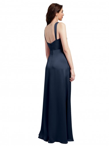 Azul marina oscuro línea A Satén elástico Largo Formales Vestidos de dama de honor / Vestidos de fiesta