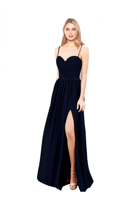 Azul marina oscuro línea A Tirantes espagueti Gasa Largo Formales Vestidos de dama de honor / Vestidos de noche Asequibles