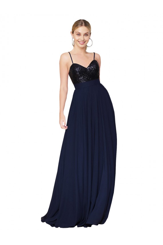 Azul marina oscuro línea A Tirantes espagueti Gasa Lentejuela Largo Vestidos de dama de honor / Vestidos de fiesta Asequibles