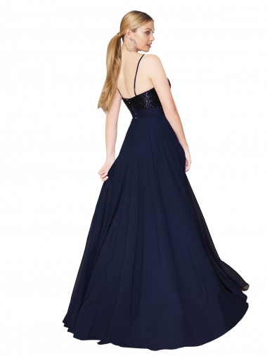 Azul marina oscuro línea A Tirantes espagueti Gasa Lentejuela Largo Vestidos de dama de honor / Vestidos de fiesta