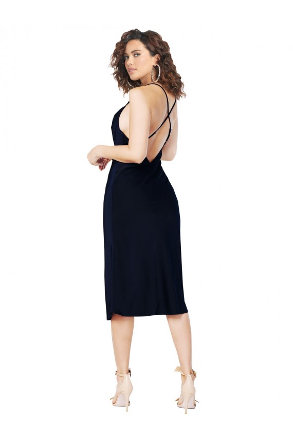 Azul marina oscuro línea A Tirantes espagueti Midi Satén sedoso Corto Formales Vestidos de dama de honor / Vestidos de fiesta / Vestidos de cóctel Asequibles