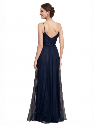 Azul marina oscuro línea A Tirantes espagueti Tul Encaje Largo Vestidos de dama de honor