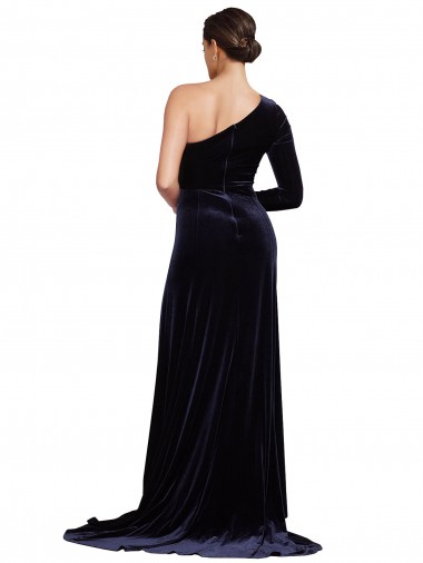 Azul marina oscuro línea A Un Hombre Barrer tren Terciopelo Elástico Largo Formales Vestidos de dama de honor / Vestidos de fiesta