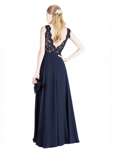 Azul marina oscuro línea A Ilusión Gasa Encaje Largo Vestidos de dama de honor / Vestidos de fiesta