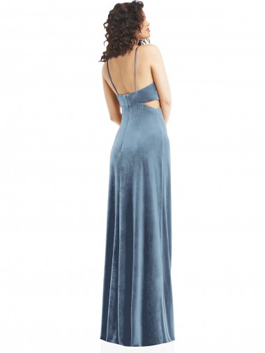 Azul polvoriento Cubierta Cuadrado Terciopelo Elástico Largo Formales Vestidos de dama de honor / Vestidos de fiesta