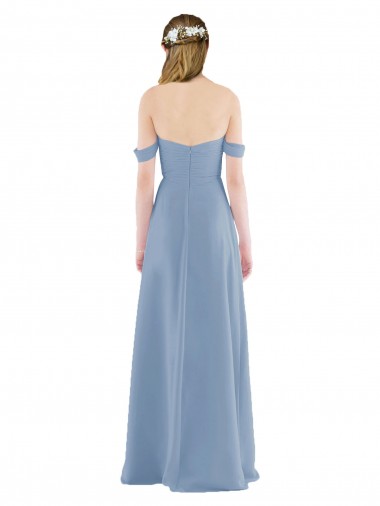 Azul polvoriento Cubierta Hombros Descubiertos Gasa Largo Vestidos de dama de honor