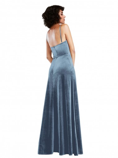 Azul polvoriento Cubierta Terciopelo Elástico Largo Vestidos de dama de honor / Vestidos de fiesta