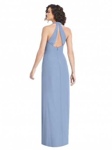 Azul polvoriento Trompeta Halter Cuello en V Gasa Largo Formales Vestidos de dama de honor / Vestidos de noche