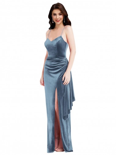 Azul polvoriento Trompeta Tirantes espagueti Terciopelo Elástico Largo Formales Vestidos de dama de honor / Vestidos de fiesta Asequibles