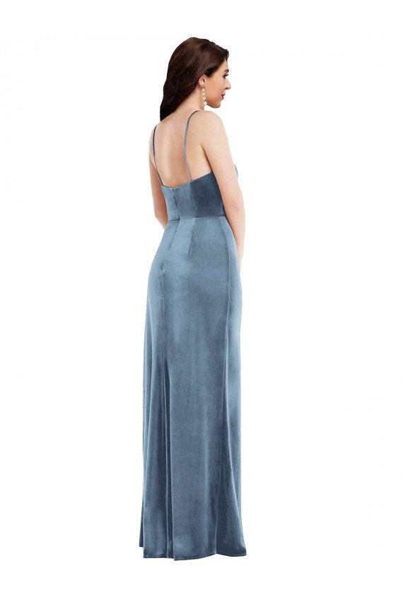 Azul polvoriento Trompeta Tirantes espagueti Terciopelo Elástico Largo Formales Vestidos de dama de honor / Vestidos de fiesta Asequibles