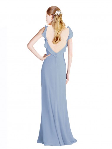 Azul polvoriento línea A Cuello en V Gasa Largo Vestidos de dama de honor