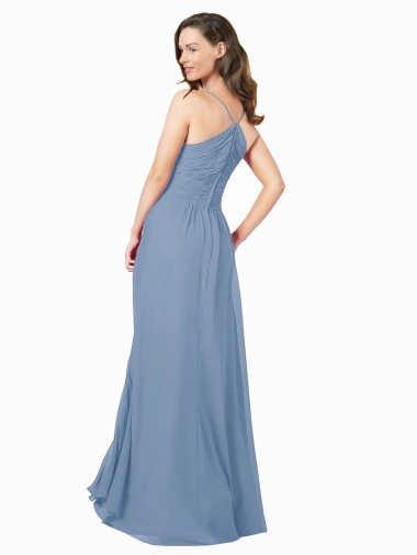 Azul polvoriento línea A Cuello en V Gasa Largo Vestidos de dama de honor