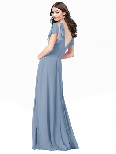 Azul polvoriento línea A Cuello en V Gasa Largo Vestidos de dama de honor / Vestidos de fiesta