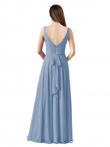 Azul polvoriento línea A Cuello en V Gasa Largo Vestidos de dama de honor