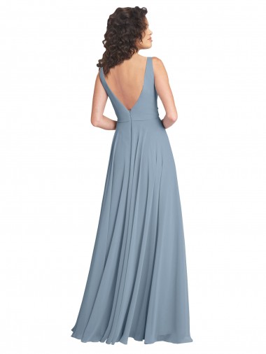Azul polvoriento línea A Cuello en V Gasa Largo Vestidos de dama de honor