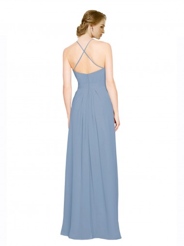 Azul polvoriento línea A Halter Cuello Alto Gasa Largo Vestidos de dama de honor