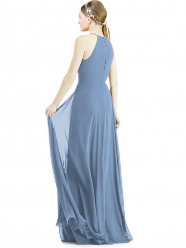 Azul polvoriento línea A Halter Gasa Largo Vestidos de dama de honor