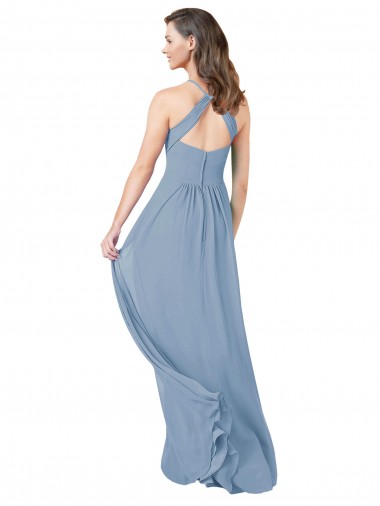 Azul polvoriento línea A Halter Gasa Largo Vestidos de dama de honor