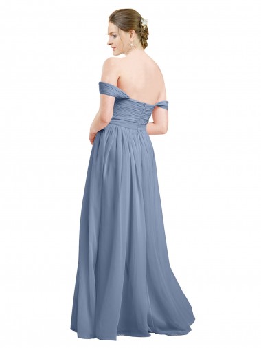 Azul polvoriento línea A Hombros Descubiertos Gasa Largo Vestidos de dama de honor