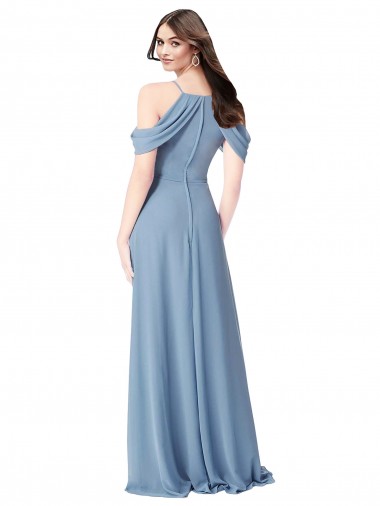 Azul polvoriento línea A Hombros Descubiertos Gasa Largo Vestidos de dama de honor
