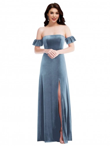 Azul polvoriento línea A Hombros Descubiertos Terciopelo Elástico Largo Vestidos de dama de honor / Vestidos de fiesta Asequibles