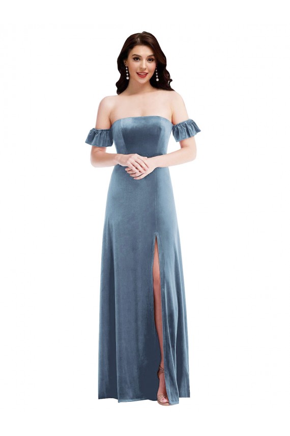 Azul polvoriento línea A Hombros Descubiertos Terciopelo Elástico Largo Vestidos de dama de honor / Vestidos de fiesta Asequibles