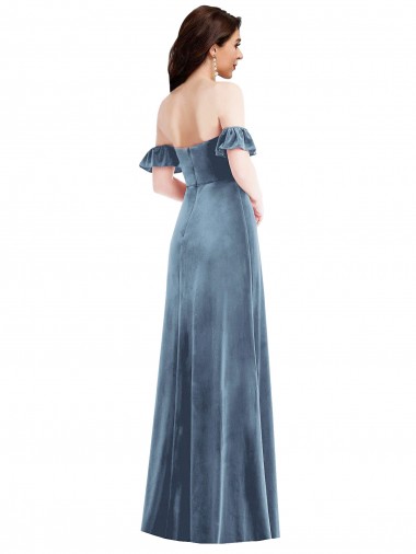 Azul polvoriento línea A Hombros Descubiertos Terciopelo Elástico Largo Vestidos de dama de honor / Vestidos de fiesta