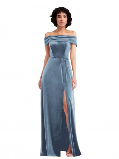 Azul polvoriento línea A Hombros Descubiertos Terciopelo Elástico Largo Vestidos de dama de honor / Vestidos de fiesta Asequibles