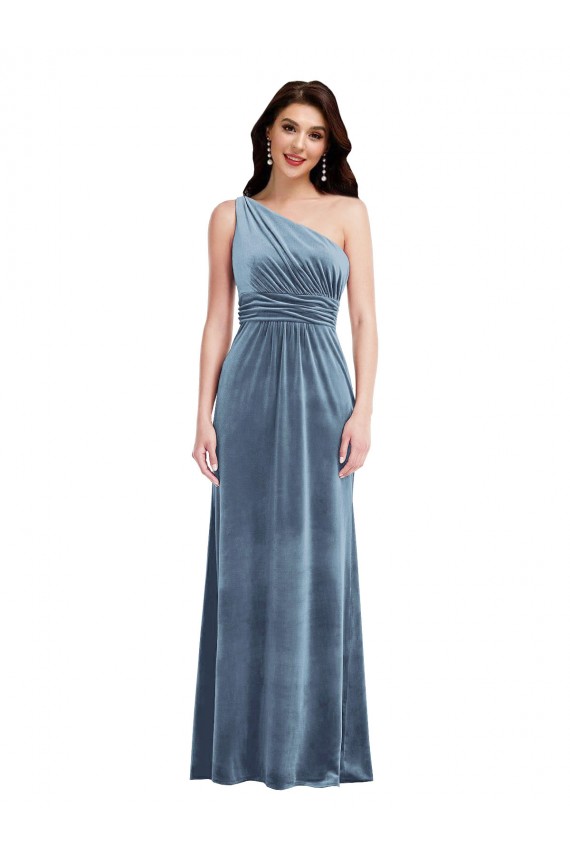 Azul polvoriento línea A Hombros Descubiertos Terciopelo Elástico Largo Vestidos de dama de honor / Vestidos de fiesta Asequibles
