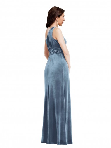 Azul polvoriento línea A Hombros Descubiertos Terciopelo Elástico Largo Vestidos de dama de honor / Vestidos de fiesta