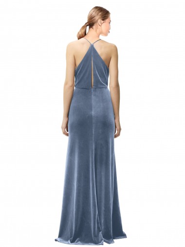 Azul polvoriento línea A Tirantes espagueti Halter Terciopelo Elástico Largo Vestidos de dama de honor / Vestidos de fiesta