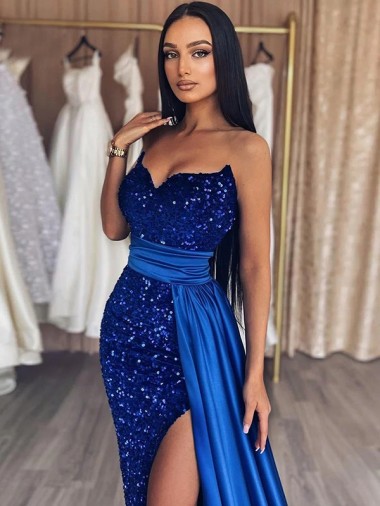 Azul real Cubierta Cuello de Corazón Barrer tren Lentejuelas Terciopelo Largo Vestidos de fiesta
