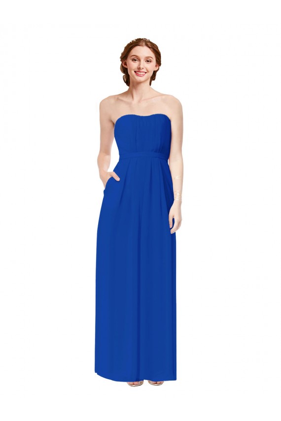 Azul real Cubierta Cuello de Corazón Gasa Largo Vestidos de dama de honor Asequibles