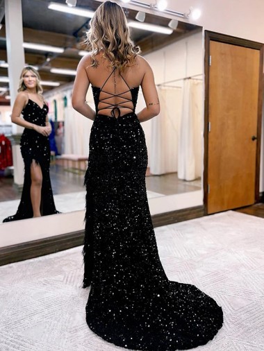 Azul real Cubierta Cuello en V Barrer tren Lentejuelas Terciopelo Largo Vestidos de fiesta