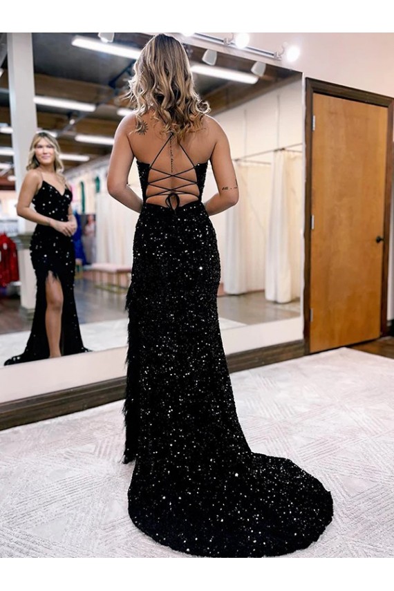 Azul real Cubierta Cuello en V Barrer tren Lentejuelas Terciopelo Largo Vestidos de fiesta Asequibles