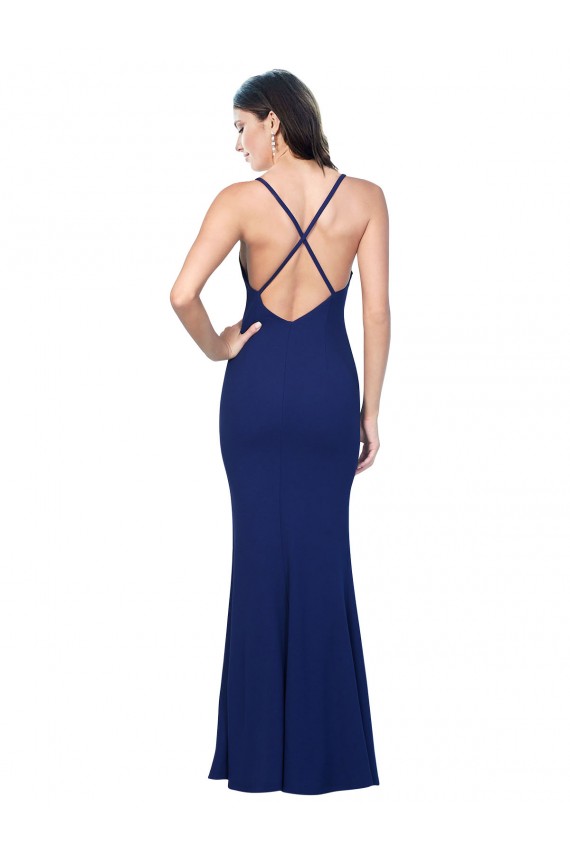 Azul real Cubierta Cuello en V Crepé Elástico Largo Formales Vestidos de dama de honor / Vestidos de fiesta Asequibles