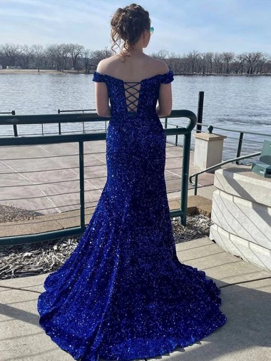 Azul real Cubierta Hombros Descubiertos Barrer tren Lentejuelas Terciopelo Largo Vestidos de fiesta