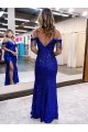 Azul real Cubierta Tirantes espagueti Cuello en V Lentejuelas Terciopelo Largo Vestidos de fiesta Asequibles